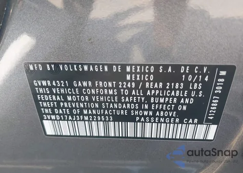 2015 Volkswagen Jetta 1.8T Se from USA, damaged, VIN 3VWD17AJ3FM229533